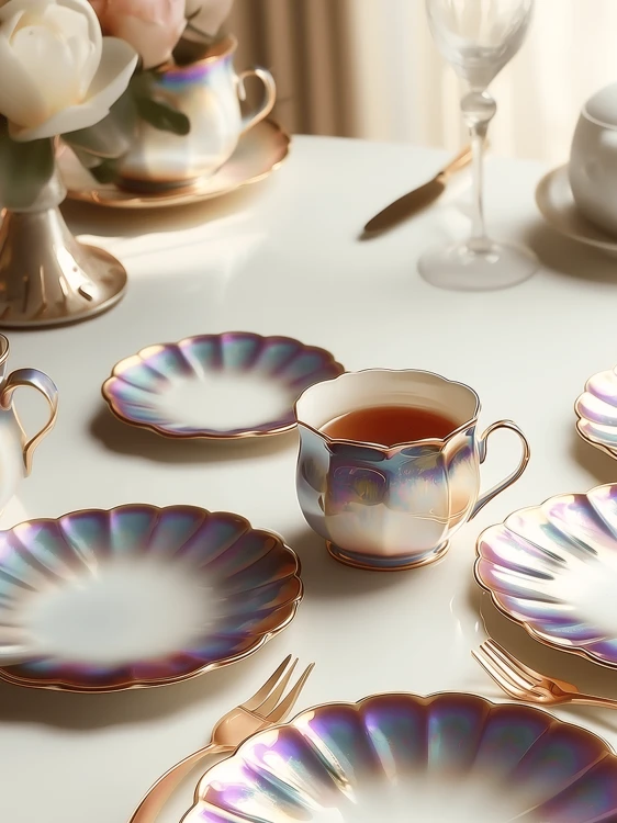 Elegancki serwis do herbaty z iryzującym, perłowym wykończenie na jasnym, białym stole. Obok filiżanki leżą pasujące talerzyki oraz złote widelczyki.